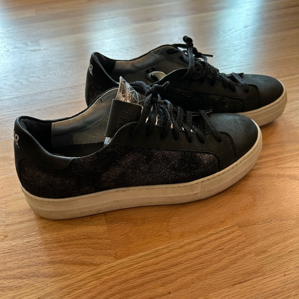 P448 women’s Black Glitter Sneakers with White Soles sz 41
